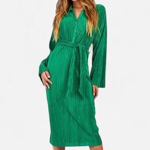 Boohoo Plisse Tie Waist Midi Shirt Dress Women’s Size 12 Green Modern Feminine
